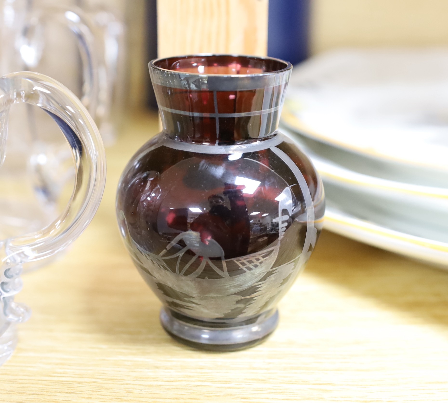 A collection of mostly 19th century engraved glass to include a Masonic dish